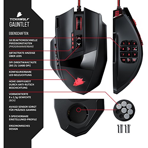 Titanwolf - 16400 DPI USB Laser Gaming Mouse - 18 Tasten - 16400 DPI - konfigurierbare LED-Farb-Beleuchtung - Avago Sensor - MMO - inkl. Software programmierbare Tasten - bis zu 30G Beschleunigung Bild 4