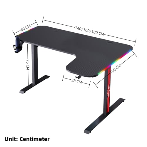L-förmiger Schreibtisch mit LED-Lichtern, Gaming-Schreibtisch, Computertisch, kompakter Eckschreibtisch mit Headset-Haken und Getränkehalter, Kohlefaser-Oberfläche, stabiler PC-Schreibtisch für Bild 3