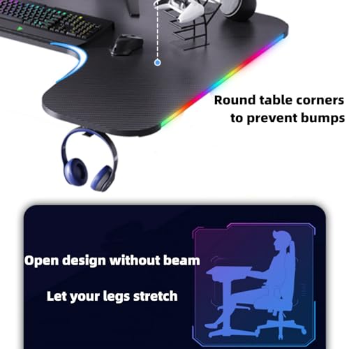 L-förmiger Schreibtisch mit LED-Lichtern, Gaming-Schreibtisch, Computertisch, kompakter Eckschreibtisch mit Headset-Haken und Getränkehalter, Kohlefaser-Oberfläche, stabiler PC-Schreibtisch für Bild 6