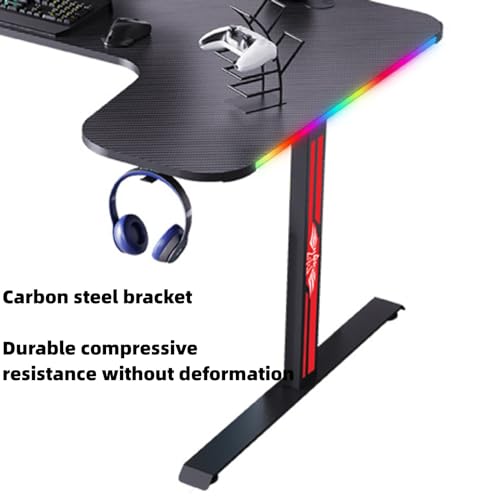L-förmiger Schreibtisch mit LED-Lichtern, Gaming-Schreibtisch, Computertisch, kompakter Eckschreibtisch mit Headset-Haken und Getränkehalter, Kohlefaser-Oberfläche, stabiler PC-Schreibtisch für Bild 7