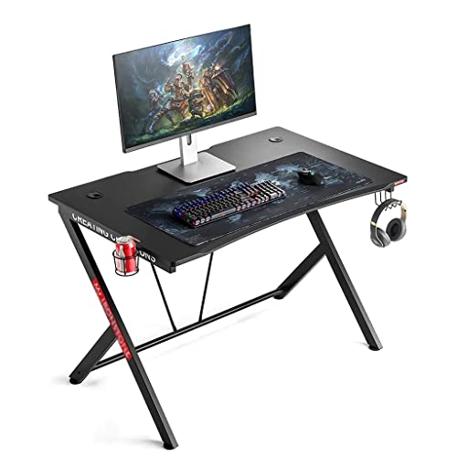 Gaming-Tisch mit komplettem Schreibtisch-Mauspad, Y-förmiger Gaming-Tisch, Gamer-Workstation mit großem Mauspad, Getränkehalter, Headset-Haken, Stabiler Computertisch aus Metall und Holz, Schwar Bild 1