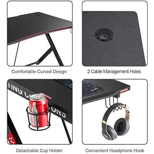 Gaming-Tisch mit komplettem Schreibtisch-Mauspad, Y-förmiger Gaming-Tisch, Gamer-Workstation mit großem Mauspad, Getränkehalter, Headset-Haken, Stabiler Computertisch aus Metall und Holz, Schwar Bild 7
