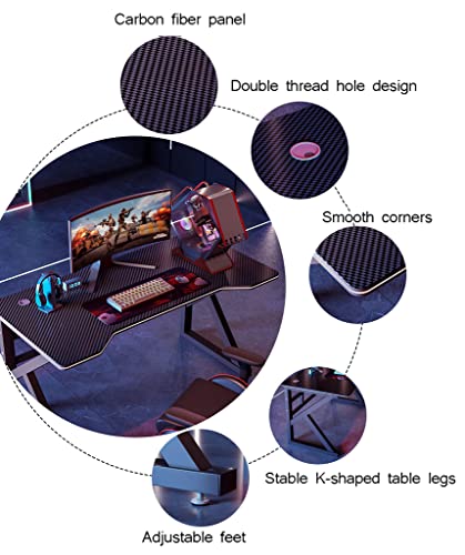 Gaming-Tisch mit Karbonfaser-Oberfläche, großer Computertisch, Schreibtisch für Heimbüro, extra groß, modern, ergonomisch, Schwarz, Headset-Haken – Robustes Metall, BL 80 cm (BL 140 cm) Bild 4