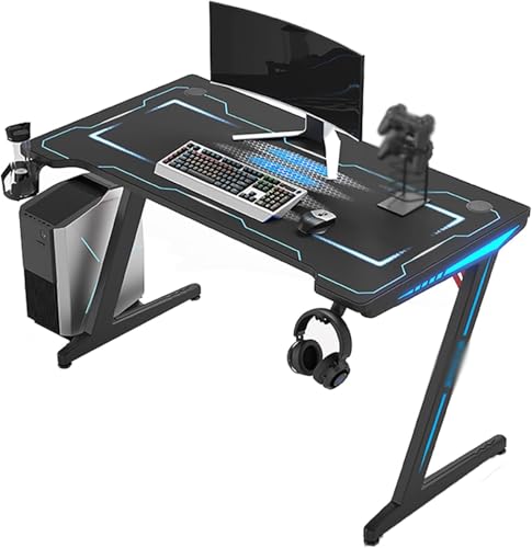 Computertisch, Schminktisch, Nachttische, Gaming-Schreibtisch mit RGB-Beleuchtung, Z-förmiger Gaming-Schreibtisch mit Headset-Haken und Getränkehalter, Gamer-Spiel aus Spanplatten Bild 1