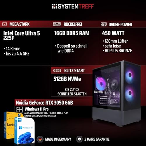 SYSTEMTREFF Basic Gaming Komplett PC Set Intel Core Ultra 5 225F 6x4.4GHz | Nvidia RTX 3050 6GB | 512GB M.2 NVMe | 16GB DDR5 RAM | Windows 11 | 27 TFT Monitor | Desktop Paket Computer für Gamer Bild 2