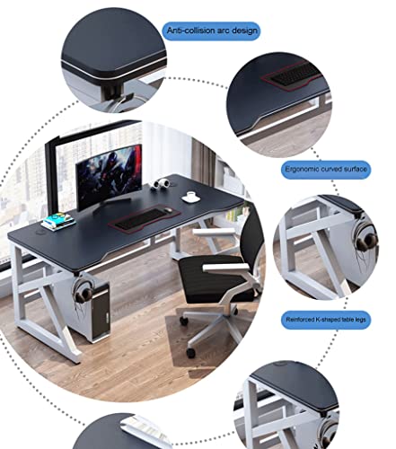 Gaming-Schreibtisch, K-förmiger PC-Schreibtisch mit Carbonfaser-Oberfläche, Headset-Haken – Stabiler Metall- und Holztisch – fürs Büro, Weiß – L 140 cm Bild 2