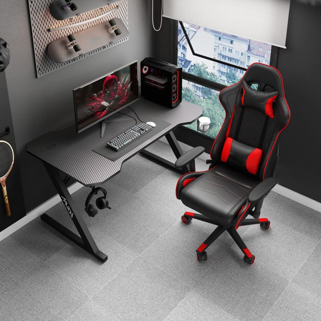 Ergonomischer PC-Computertisch, Z-förmiger Gaming-Tisch, Gamer-Workstation mit großem Mauspad-Getränkehalter, Headset-Haken mit robustem Computertisch aus Metall und Holz, L 100 cm (L 120 cm)