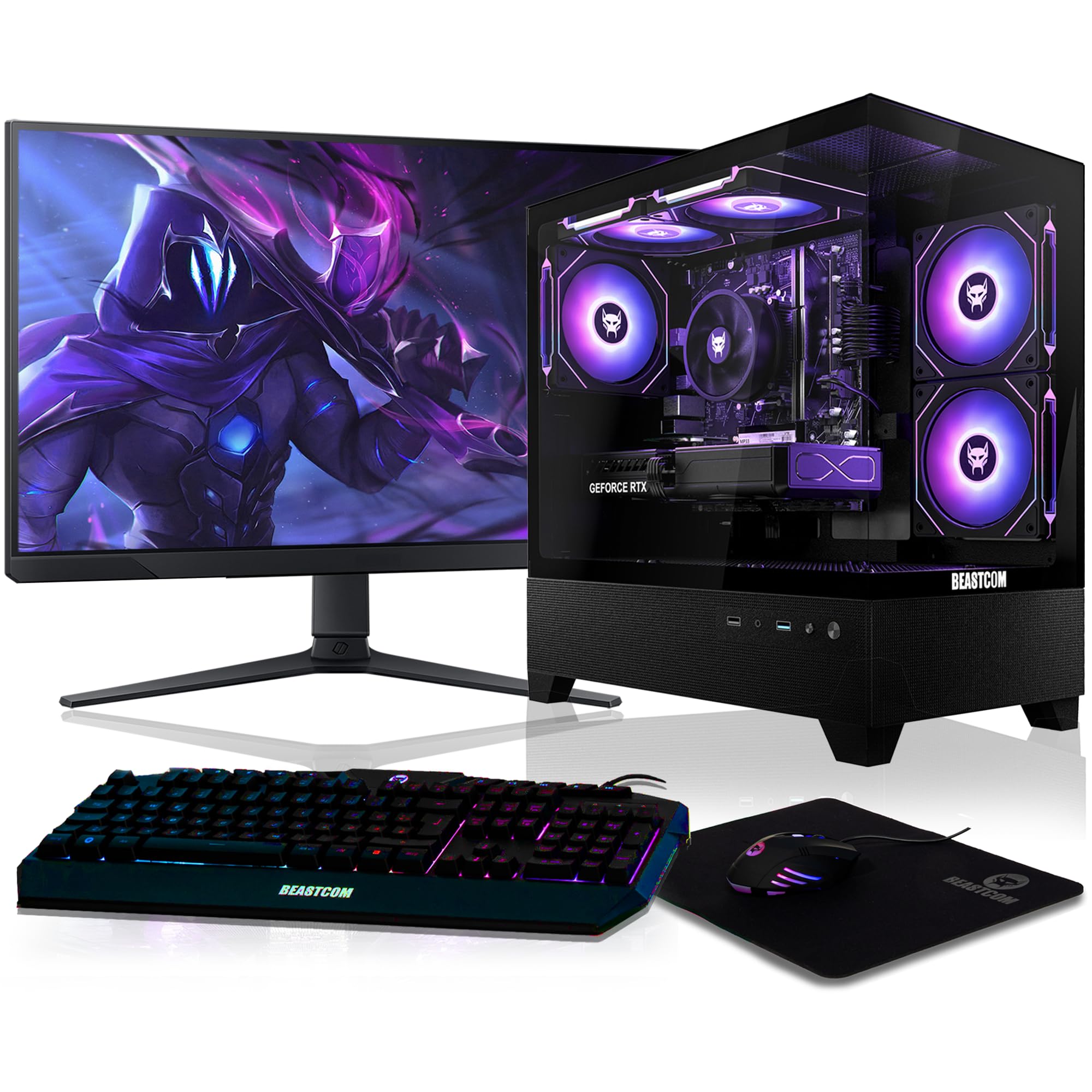 BEASTCOM Q5 | Gaming PC Set Bundle | AMD Ryzen 7 5700X 8X 4,60GHz 16 Threads, RTX 5070 12GB, 16GB RAM, 1TB NVMe SSD, Monitor LED 27" + RGB Tastatur + Maus + Mauspad, HDMI, WLAN, Win 11