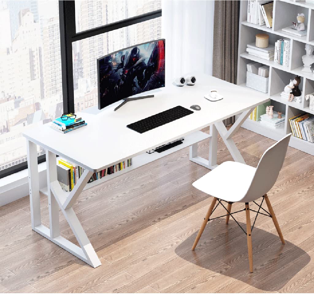 Gaming-Schreibtisch, K-förmiger PC-Schreibtisch mit Carbonfaser-Oberfläche, Headset-Haken – Stabiler Metall- und Holztisch – fürs Büro, Weiß – L 140 cm