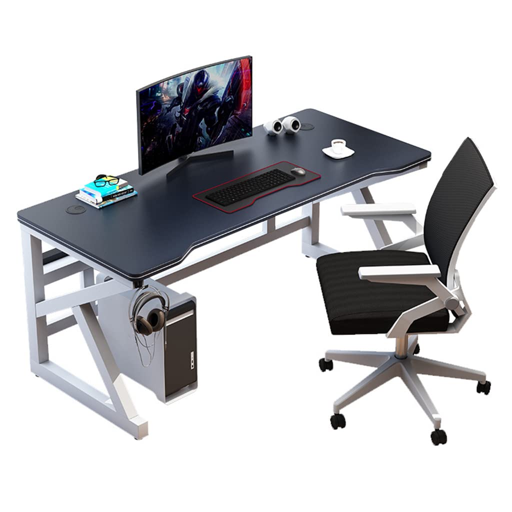 Gaming-Schreibtisch, K-förmiger PC-Schreibtisch mit Carbonfaser-Oberfläche, Headset-Haken – Stabiler Schreibtisch aus Metall und Holz – fürs Büro, Schwarz – L 140